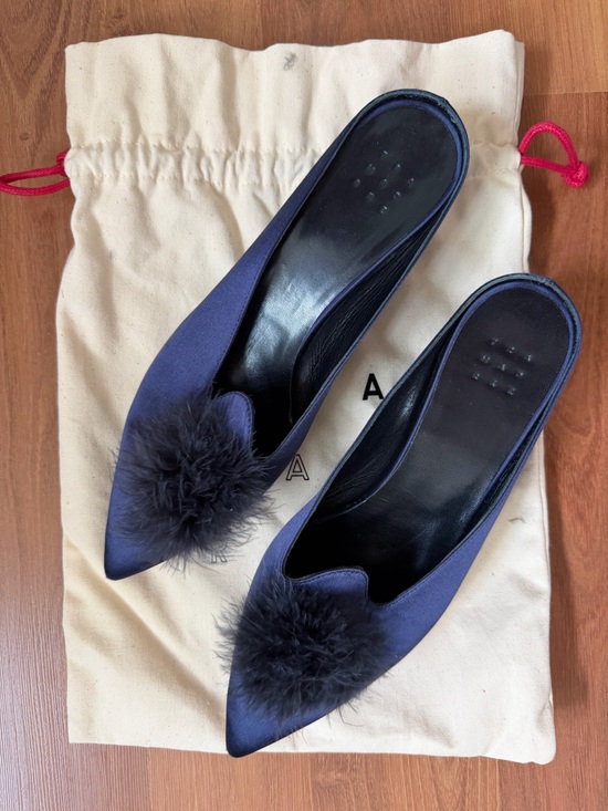 Trademark Shoes - Trademark Navy Satin Feather Mules